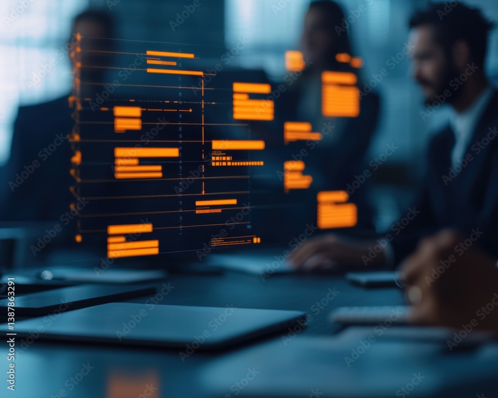 Poster a modern business meeting with digital data projections, highlighting technology and teamwork in a p