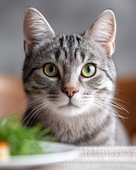 Pet humanization, A cat sitting on a high chair at the dining table, a plate of gourmet food, mimicking a human dining experience. Cat dining at table with gourmet meal, cat dining at table, Tabby.