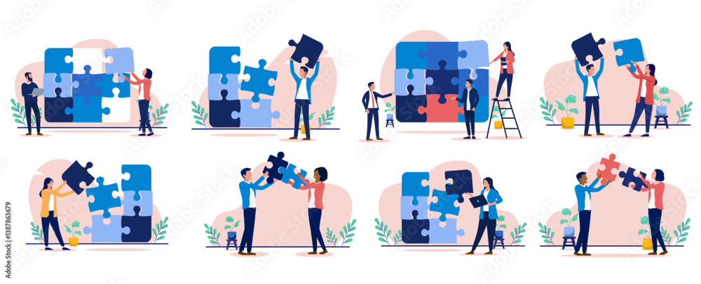 Poster business problem solving vector collection - set of illustration with businesspeople and puzzle piec