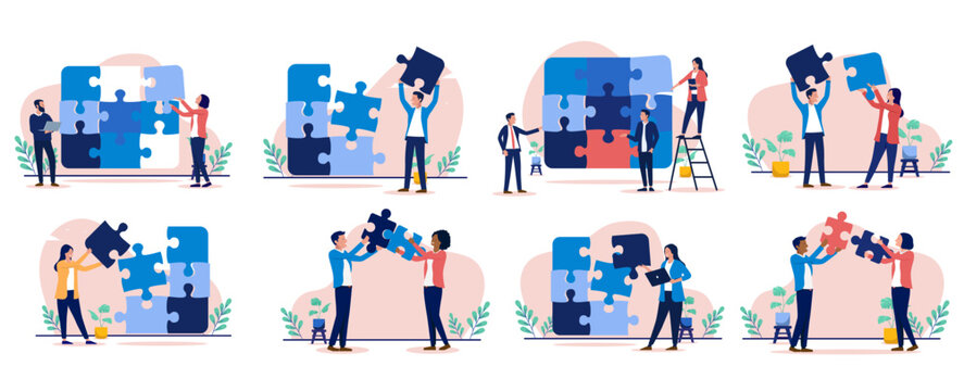 Business problem solving vector collection - Set of illustration with businesspeople and puzzle pieces working on finalising, completing and finding solutions while assembling and connecting pieces