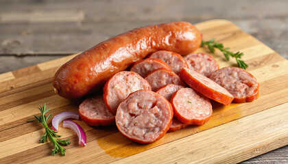 Sliced sausage on wooden cutting board with herbs and onions  