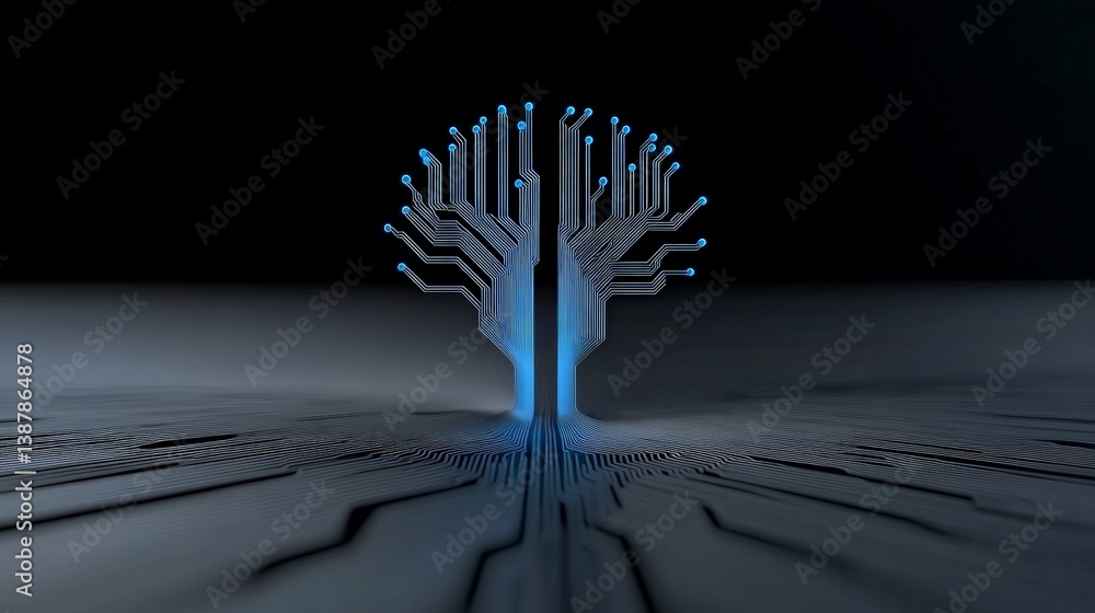 Poster abstract representation of electronic circuit tree on dark background