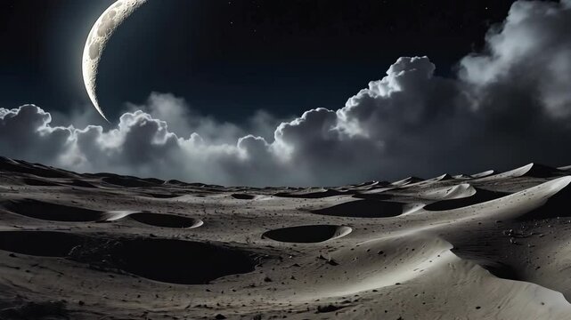 Otherworldly moonscape and cloudy night creates a serene yet mysterious atmosphere