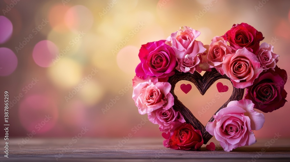 Poster heart-shaped wooden frame adorned with pink and red roses on a rustic wooden table against a bokeh b