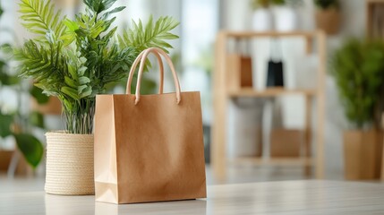 A simple brown shopping bag rests on a clean table, complemented by a stylish indoor plant, illustrating a minimalist aesthetic along with a touch of nature's beauty indoors.