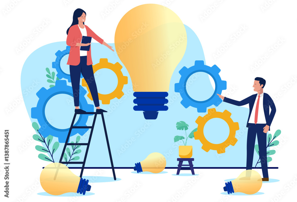 Leinwandbilder creative business idea and innovation concept – businesspeople working with light bulb and gear mech