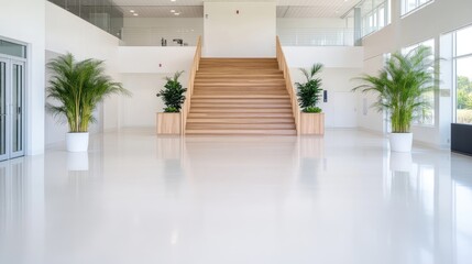 Fototapeta premium Modern, bright office lobby with wooden stairs and plants