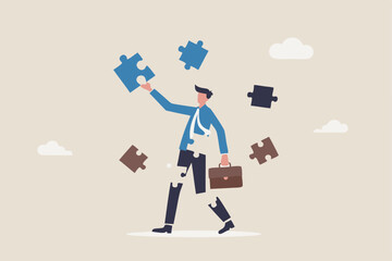 Finding jigsaw piece to complete work, career or success business, search for new idea to solve self problem, challenge or inspiration concept, businessman finding jigsaw to complete himself.