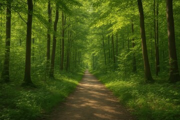 Fototapeta premium Serene Forest Path Lush Green Trees and Sunlight Dappled Trail