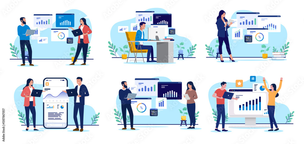 Leinwandbilder businesspeople with business charts, data and graphs vector collection - set of illustrations with p