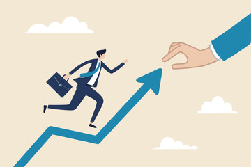 Career growth or increase productivity, motivation for success, career development, increase revenue, income or profit, help or support concept, businessman hand help push arrow rising up for success.