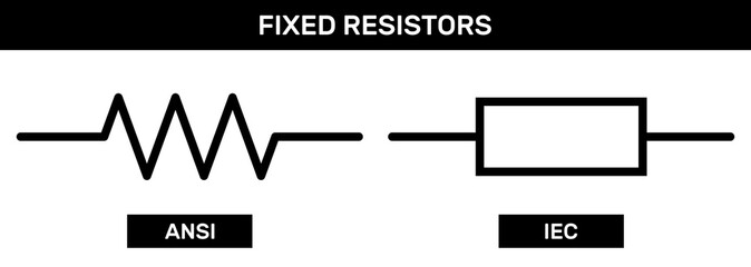 Fixed Resistor Icon Set. ANSI or IEEE and IEC Standards Resistor Schematic Diagram. Amercian and European Symbol Set of Fixed Resistors