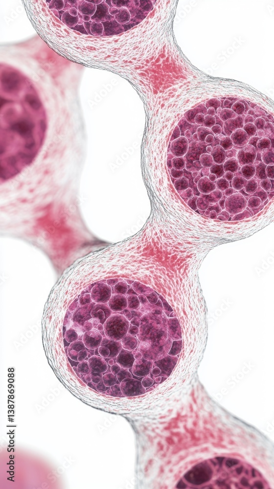 Poster a close-up image showing interconnected cells with vibrant purple interiors, highlighting cellular s