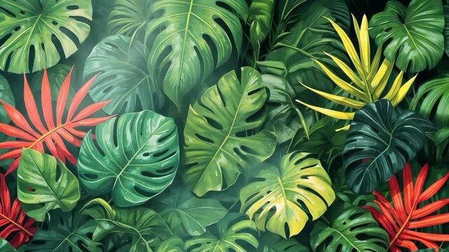 Lush green tropical foliage background with monstera leaves and colorful accents