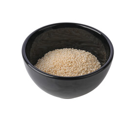 White sesame seeds in black bowl on transparent png