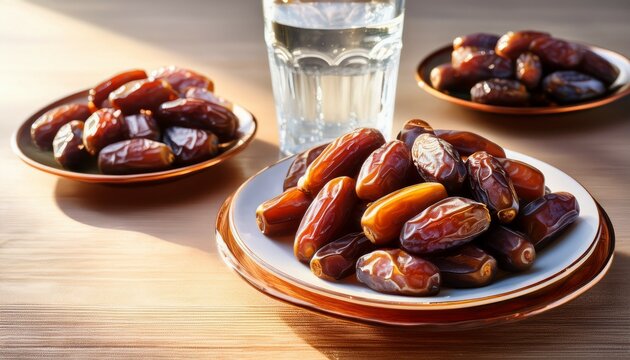 plates of dates on the table with glass and water