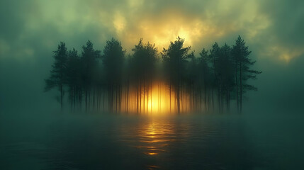 Fototapeta premium Misty Forest Sunset Landscape with Dark Trees and Golden Light