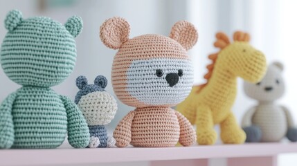 Crochet animal toys, pastel colors, soft textures