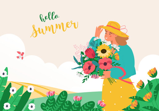 Hello summer concept. Happy woman holds summer flowers. Cheerful female character in yellow dress and hat among blossom. Summer landscape with cute girl vector illustration in flat cartoon style.