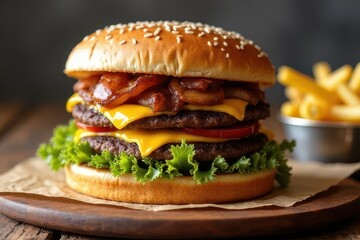 Juicy Double Bacon Cheeseburger with Crispy Fries