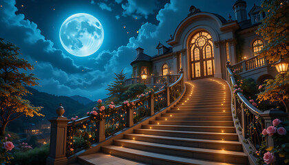 Grand Staircase with Lanterns and Roses Leading to an Elegant Mansion Under a Full Moon Glow.