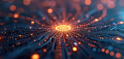 Abstract tech background featuring printed circuit board with depth of field, bokeh. Neural network, big data, cyberspace, internet connections visualized. Digital data processing, information flow