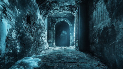 light filtering through dusty staircase in ancient structure creates a mystical atmosphere in a forgotten place