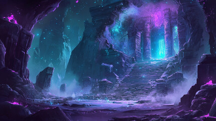 light filtering through dusty staircase in ancient structure creates a mystical atmosphere in a forgotten place