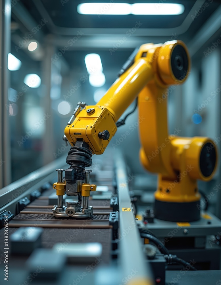 Poster Yellow robotic arm working on machine in industrial setting. Automated production line with modern tech equipment. Manufacturing process, tech innovations in industry, smart factory, engineering,