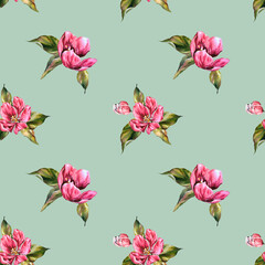 Watercolor seamless pattern apple tree branch with blooming pink flowers, green leaves, and buds. Hand painted botanical set for invitations, cards, spring designs, packaging, textile, wrapping paper