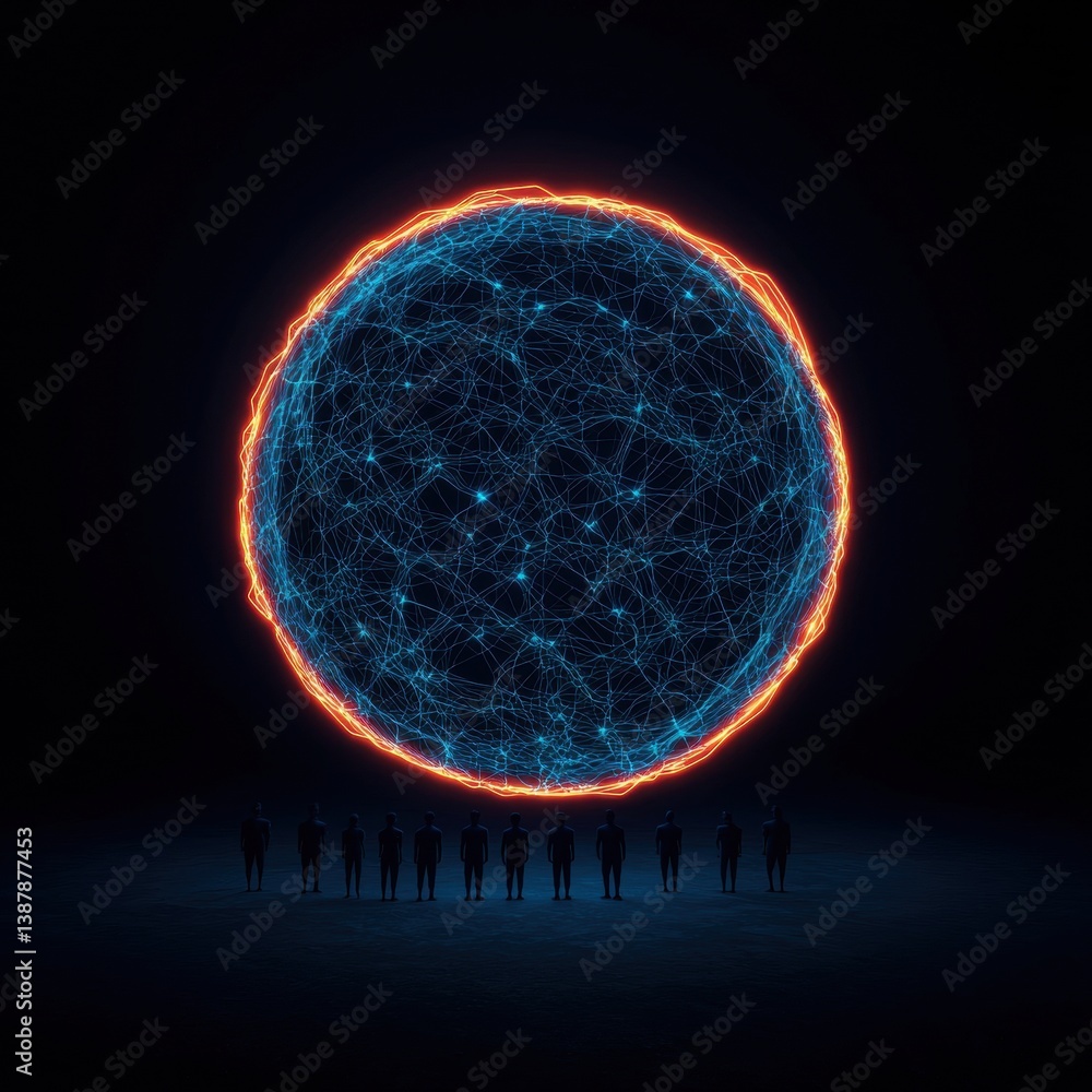 Poster a digital representation of a glowing orb surrounded by silhouettes, symbolizing connection and tech