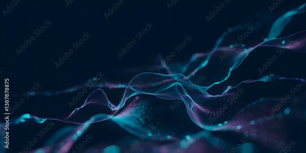 Poster abstract neon flowing waves and particles. abstract background with glowing cyan and magenta flowing