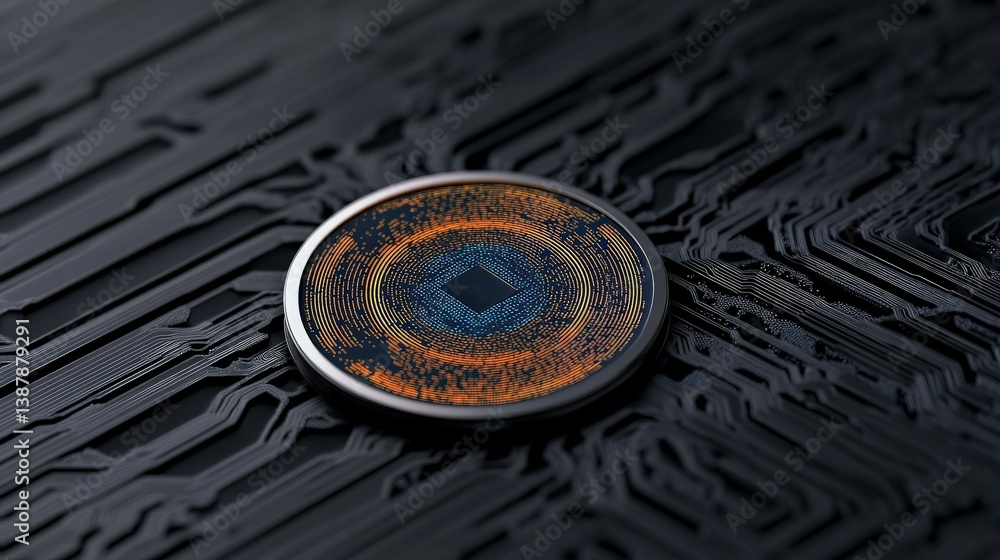 Poster close-up of a colorful microchip on a dark circuit background