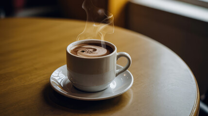 Obraz premium Aromatic Coffee Moment: A steaming cup of rich, dark coffee sits elegantly on a round table, its inviting aroma a promise of a comforting and revitalizing experience.