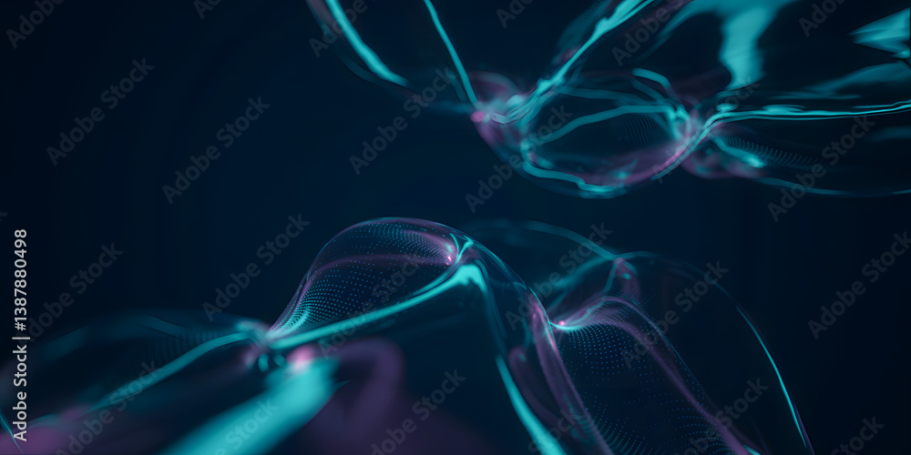 Poster abstract neon flowing waves and particles. abstract background with glowing cyan and magenta flowing
