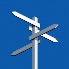 Signpost with blank direction signs on road. White arrow boards. Simple empty crossroad banner. Trendy style graphic. Flat vector illustration.