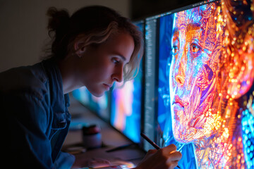 Obraz premium A creative digital artist drawing on a big screen