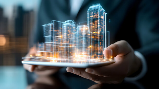 A visionary architect cradles a shimmering city, a digital metropolis built on a tablet, glowing with innovative potential.