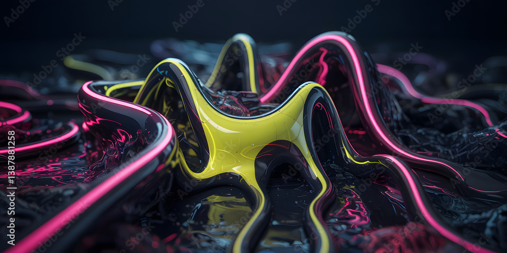 Aufkleber abstract background with glossy dark fluid waves highlighted by vibrant neon pink and yellow light t