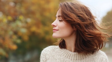 Naklejka premium Embracing Autumn's Gentle Breeze: A serene portrait of a woman enjoying the cool, invigorating touch of autumn wind, her eyes closed and a subtle smile gracing her face.