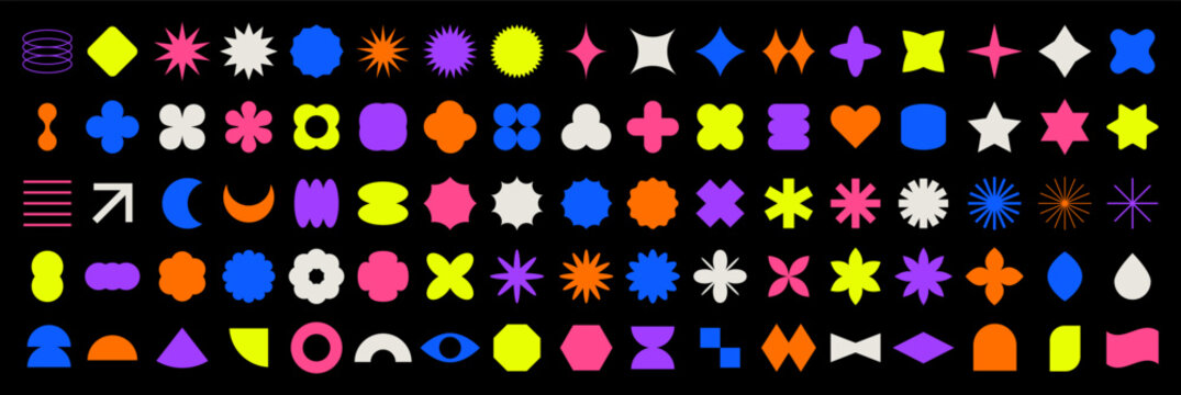 Brutalist abstract geometric shapes. Trendy contemporary abstract minimalist set. Bauhaus memphis figure, star, flower, circle. Swiss aesthetic. Modern graphic design elements. Vector illustration.