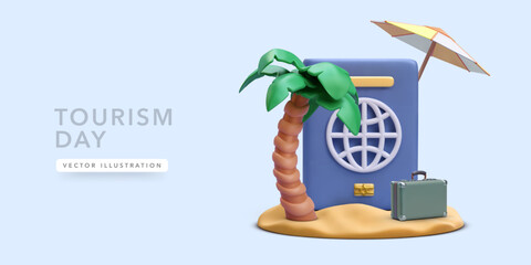 Travel Passport, Palm Tree, Luggage, and Beach Umbrella in 3D Cartoon Style Representing Summer Vacation and World Tourism Day. Vector Illustration.