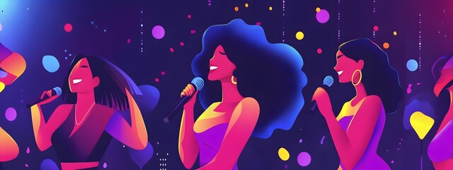 Karaoke music party posters designs set. Vocal event song festival live concert in night club flyers backgrounds templates. Vertical promotion banners with girls singing. Flat vector illustrations