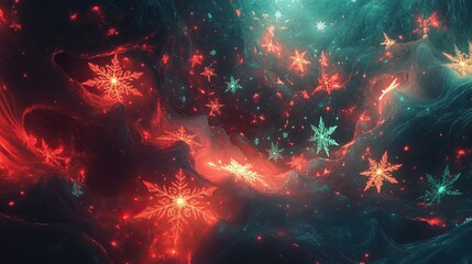 Fototapeta premium A surreal winter wonderland featuring abstract swirling patterns of snowflakes layered with glowing red and green holiday lights