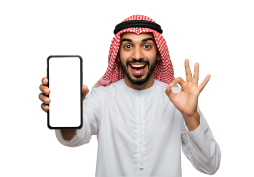 Happy Arab Man Showing Phone Screen and Okay Gesture Against Black