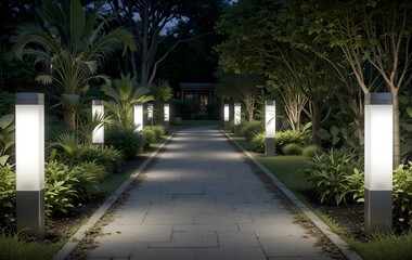 Solar LED bollard lights illuminate garden pathway at night, Sustainable Solar LED Bollard Lights Brighten Garden Pathway at Night