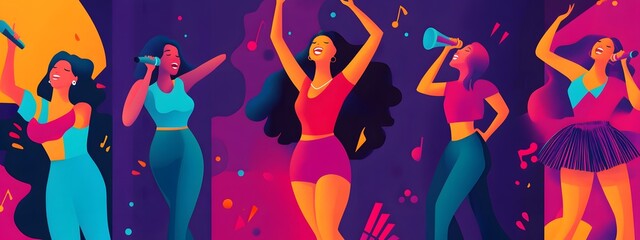 Karaoke music party posters designs set. Vocal event song festival live concert in night club flyers backgrounds templates. Vertical promotion banners with girls singing. Flat vector illustrations