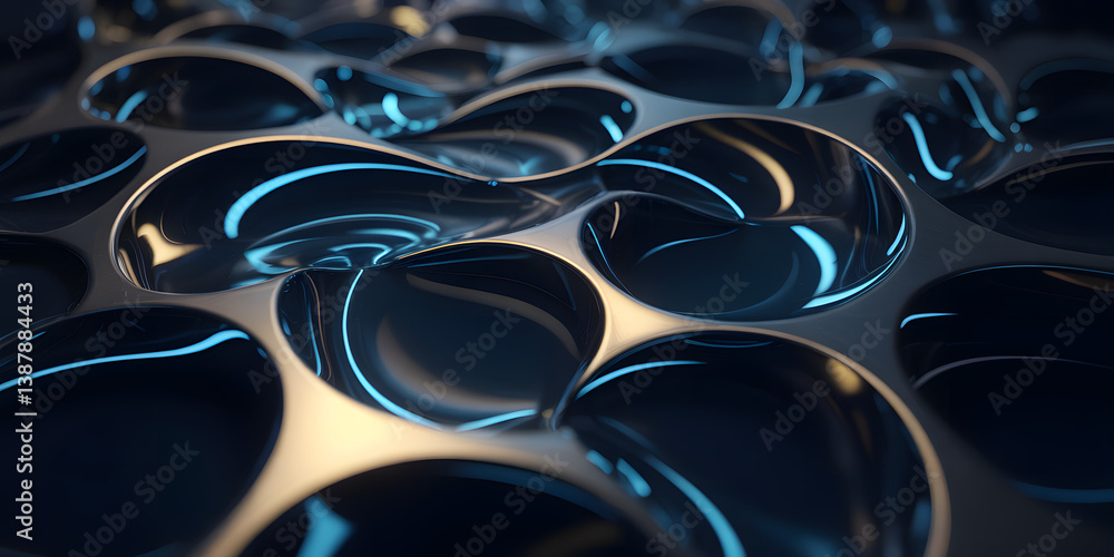 Poster abstract background of shiny dark circles on a fluid surface with vibrant light reflections and glow