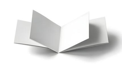 Two blank landscape oriented brochures with front and inner pages displayed in an open flat lay format casting light shadows on the white background