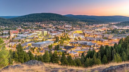 Fototapeta premium A high angle view of a city at dusk in the mountains